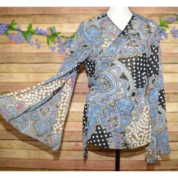 Lane Bryant Mixed Print Floral & Polka Dot Sheer Wrap Blouse Top Size 14W 16W - Picture 3 of 13